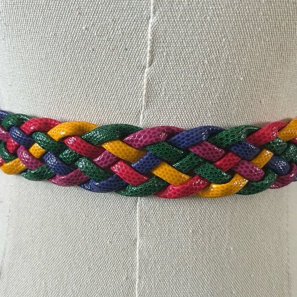 🌈1990s Vintage Express Rainbow Croc Embossed Leather Braided Belt - Picture 2 of 5